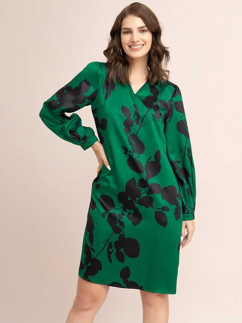 Satin Floral Print Shift Dress - Green and Black