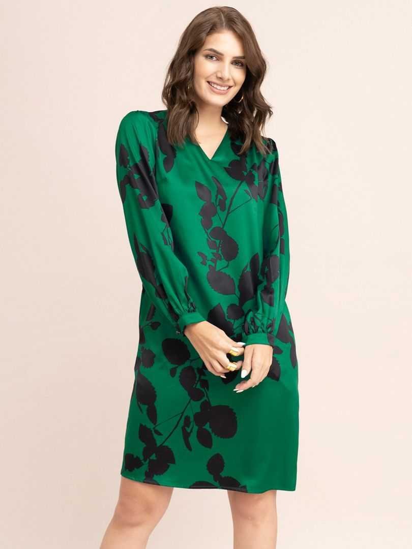 Satin Floral Print Shift Dress - Green and Black